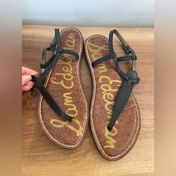 SAM EDELMAN Womens Black Leather T-Strap Flat thong ankle Gigi Sandals size 8 - Picture 4 of 8